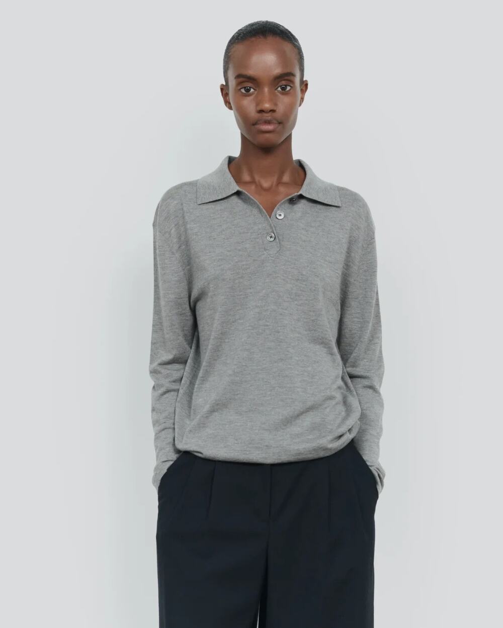 NWT 440ME Essential Cashmere Silk Polo Long Sleeve Knit Top Grey Gray Sweater XS